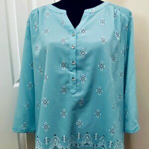 Croft & Barrow XXL Teal W/Black Pattern V-Neck Blouse Pin-Tuck On Shoulders EUC